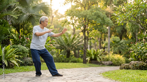 older man practicing tai chi in quiet park with tropical greenery