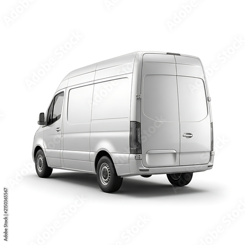A White Delivery Cargo Van Rear View Mockup Isolated on a transparent Background.