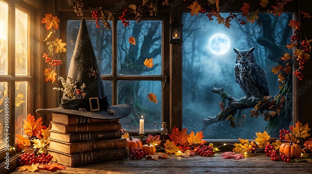 Fototapeta premium Witch hat and old books on a table by the window with an owl outside on a full moon night