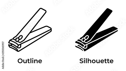 Konstfotografi Nail Clipper Icons: Two distinct representations of a nail clipper, one in outline and the other as a solid silhouette, offering clear and versatile graphic elements for design projects