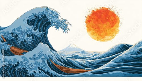 The Great Wave Off Kanagawa with Mount Fuji and Sun.