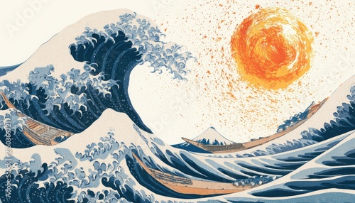 Iconic Japanese Great Wave Artwork with Sun and Mount Fuji.