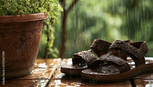 Wet Sandals and Potted Plant in Rainy Weather.