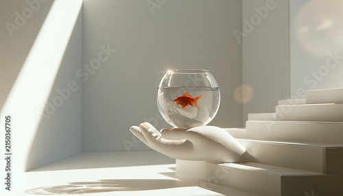 Minimalist White Room with Sunlight and Goldfish in a Bowl Held by a Hand Sculpture.