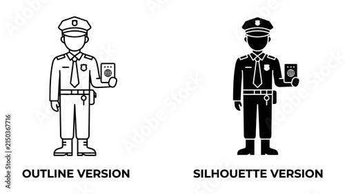 Canvas Print Border Control Officer: An official in uniform, holding a passport, is depicted in both outline and silhouette versions, representing border security and immigration control