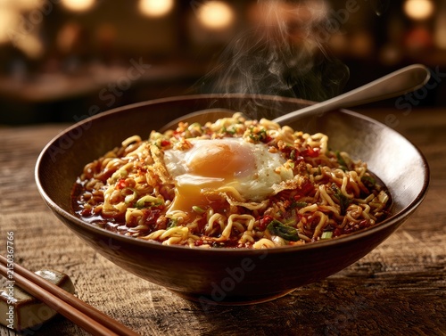 Steaming Bowl of Spicy Ramen Noodles with a Fried Egg Topping.