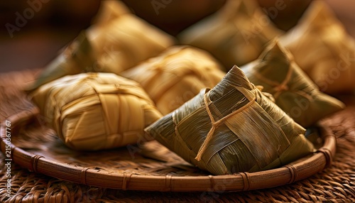 Traditional Asian Sticky Rice Dumplings Wrapped in Leaves on a Wicker Plate.