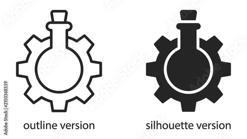 Obraz na płótnie Science Gear Icon: A minimalist design featuring a flask integrated with a gear, presented in both outline and silhouette versions, symbolizing scientific innovation and industrial progress