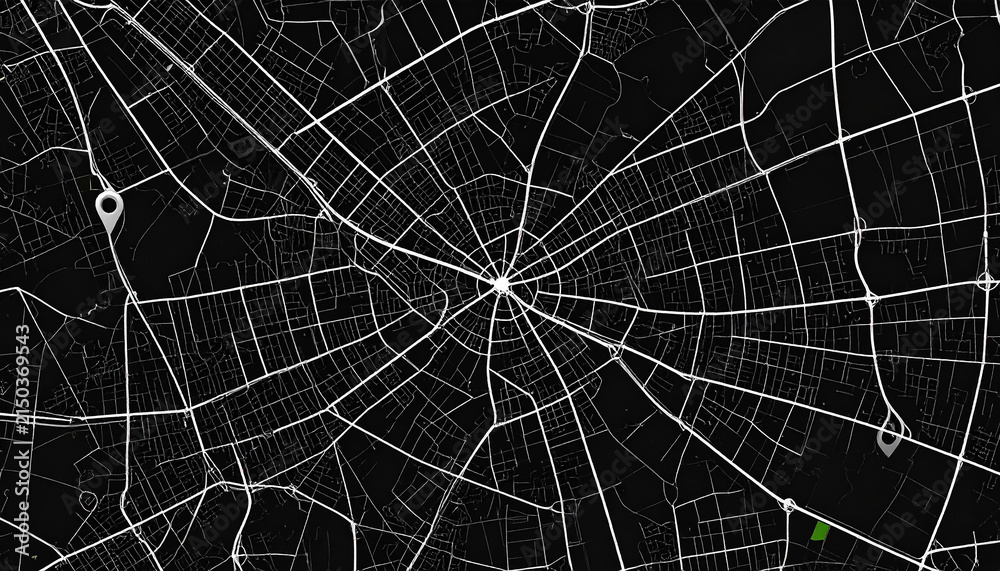 Naklejka premium Abstract City Map with White Lines and Location Markers on Black
