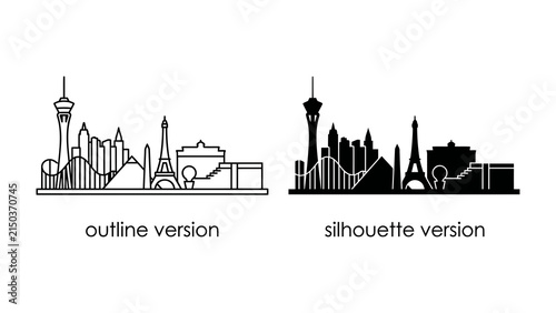 Vegas Skyline Collection: Iconic outline and silhouette graphics showcasing the unmistakable skyline of a famous entertainment city, featuring recognizable landmarks and architectural styles.