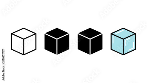 Set of four geometric cube icons in various outline solid and colored styles for design elements