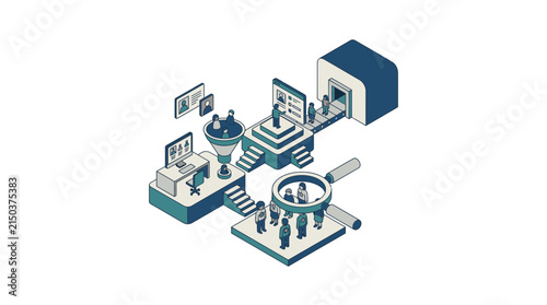 Isometric research and development lab with scientists.