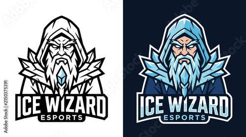 Ice wizard esports mascot logo in two variants.
