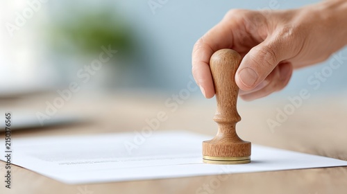 Hand Using Wooden Stamp to Seal Document on Desk, Symbolizing Approval or Authorization with Natural Background Elements Like Light and Greenery