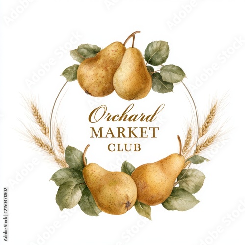 Orchard market club emblem celebrating vintage agricultural charm with pears