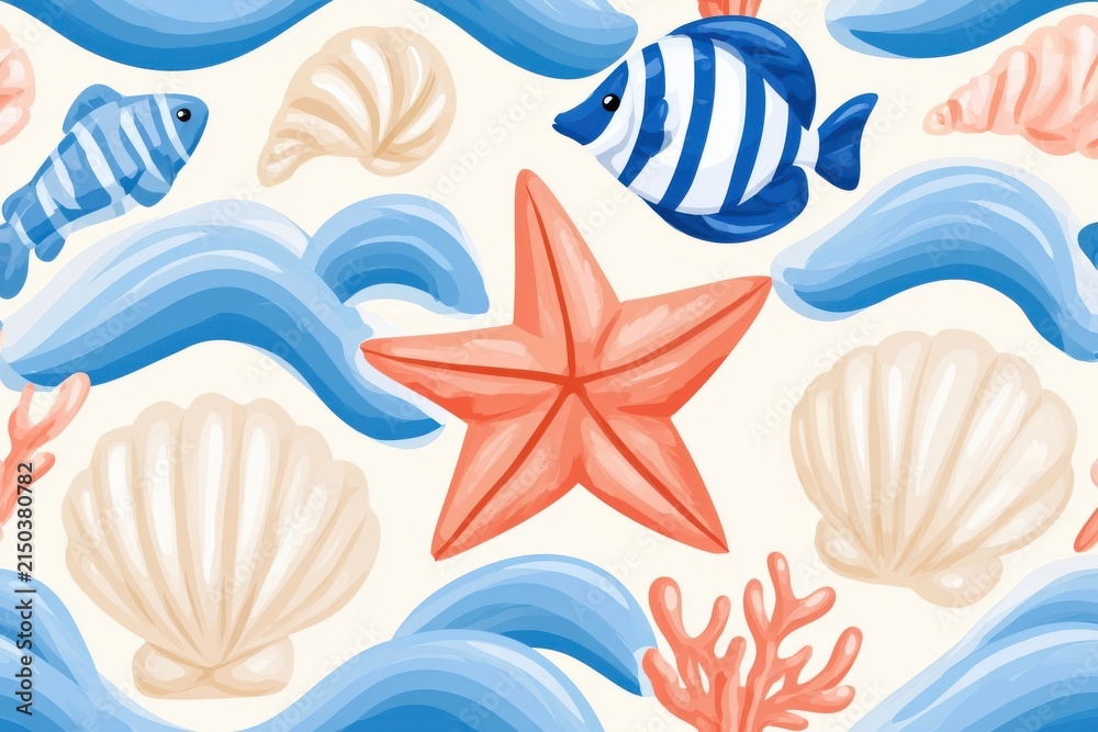 Seamless ocean pattern with fish starfish shells and waves in blue coral tones