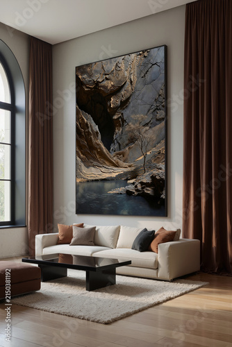 Fine art piece of a rocky landscape depicted on a wall in a modern living room with a sofa and coffee table