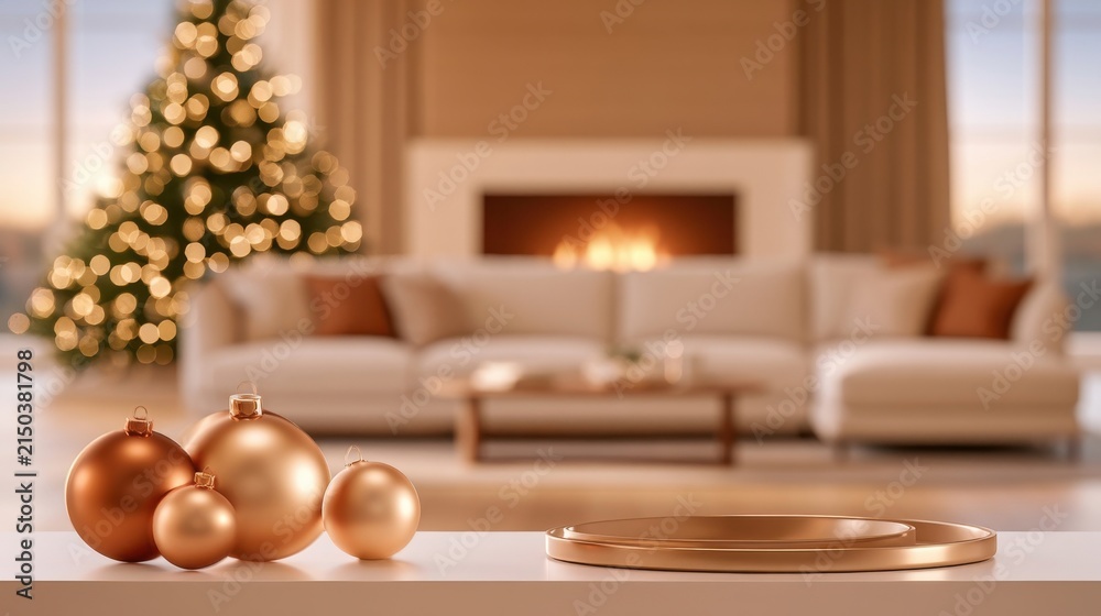 Obraz premium Cozy living room scene with golden Christmas ornaments and fireplace glow