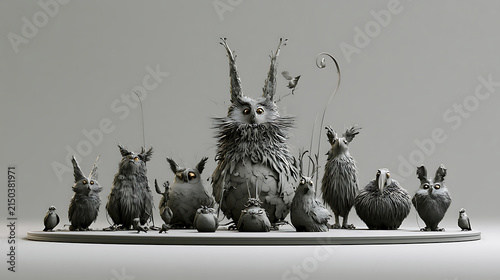 The figures are rendered in a realistic yet stylized matte gray, with subtle variations in poses—some leaning forward attentively, others leaning back thoughtfully, creating a sense of deliberation an