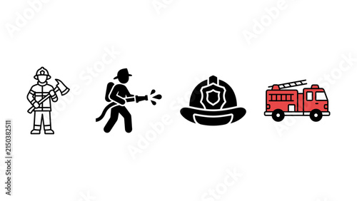 Set of firefighter icons featuring fireman with axe hose helmet and fire truck