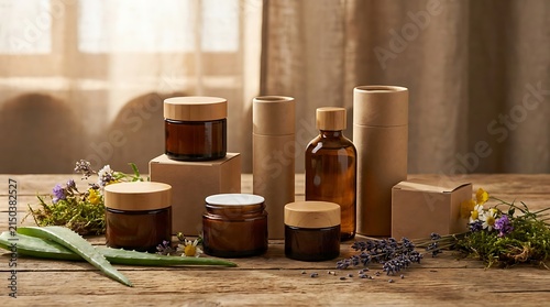 Natural organic skincare jars and bottles with wooden lids on a rustic wooden table with fresh plants. skincare package offers