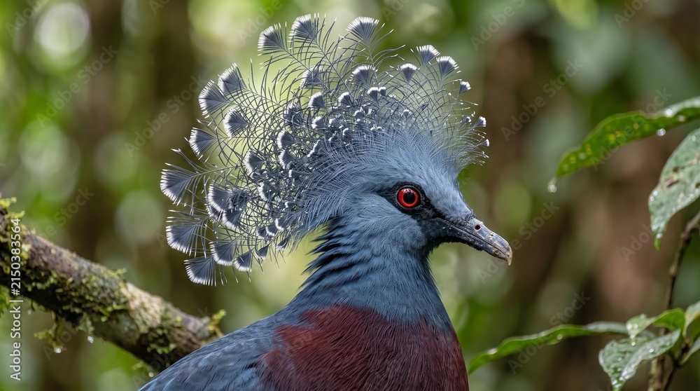 Obraz premium Victoria Crowned Pigeon Majestic Display: A stunning Victoria crowned pigeon, adorned with a delicate, fan-like crest of feathers and striking red eyes.
