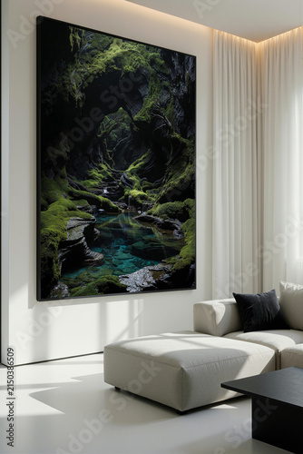 Modern living room with large wall art featuring cave landscape and clear water