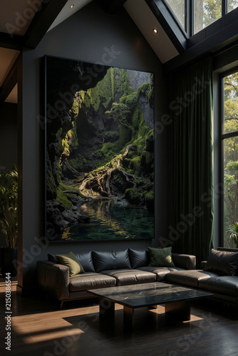Artwork on wall shows a rocky scene with green moss by water in a living room with large windows in the daytime