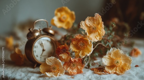 Still Life of a Vintage Brass Alarm Clock and Dried Yellow Poppies Reflecting the Passage of Time