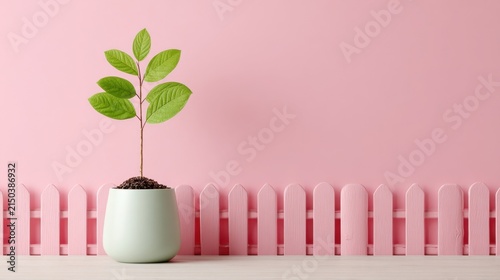 Small Green Plant in a Pot Growing Against a Pink Wall with a Picket Fence, Growth Concept