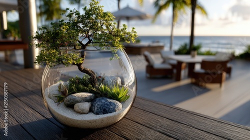 Miniature Bonsai Tree in Glass Terrarium Bowl on Wooden Table with Tropical Beach Resort Background
