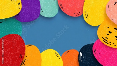 Colorful Hand Drawn Textured Abstract Oval Shapes Frame on Blue Background for Creative Design