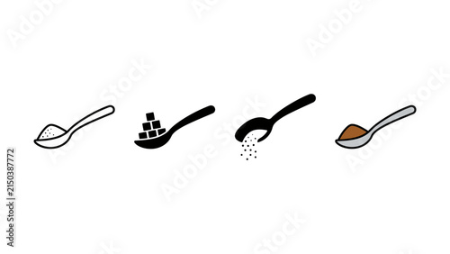 Foto Set of four different spoons containing sugar and spice ingredients on a plain w