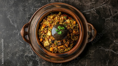 Traditional Moroccan Tagine with Chicken, Preserved Lemons, and Olives, Steaming Hot in a Handcrafted Ceramic Pot, Surrounded by Vibrant Spices and Fresh Ingredients on a Rustic Wooden Table, Capturin