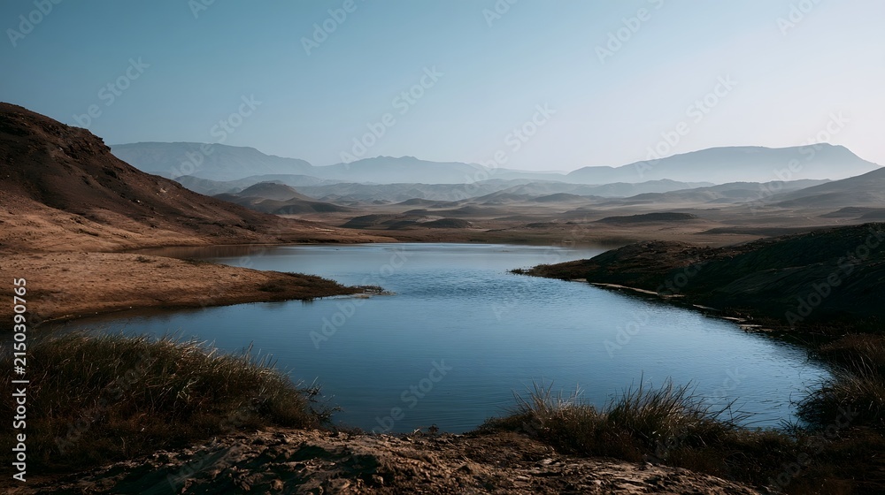 Fototapeta premium A serene lake nestled among arid hills and distant mountain ranges under a clear blue sky