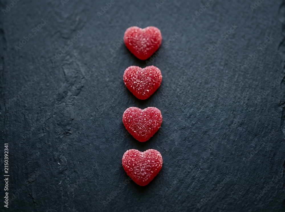 Obraz premium A vertical row of four red heart shaped sugar cookies arranged neatly on a dark textured slate background for a romantic holiday celebration
