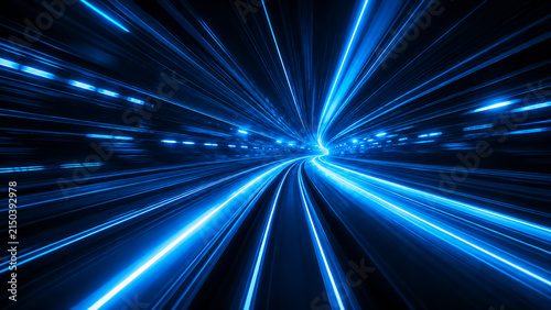 Abstract blue light trails moving at high speed through a dark tunnel or digital space.