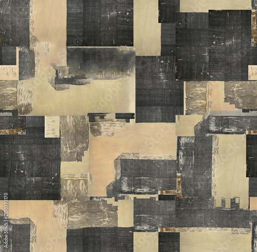Canvas Print Abstract geometric collage textile pattern with textured charcoal blocks and beige planes