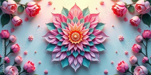 Symmetrical floral mandala, pastel shades, serene atmosphere, blossom, bloom, peace