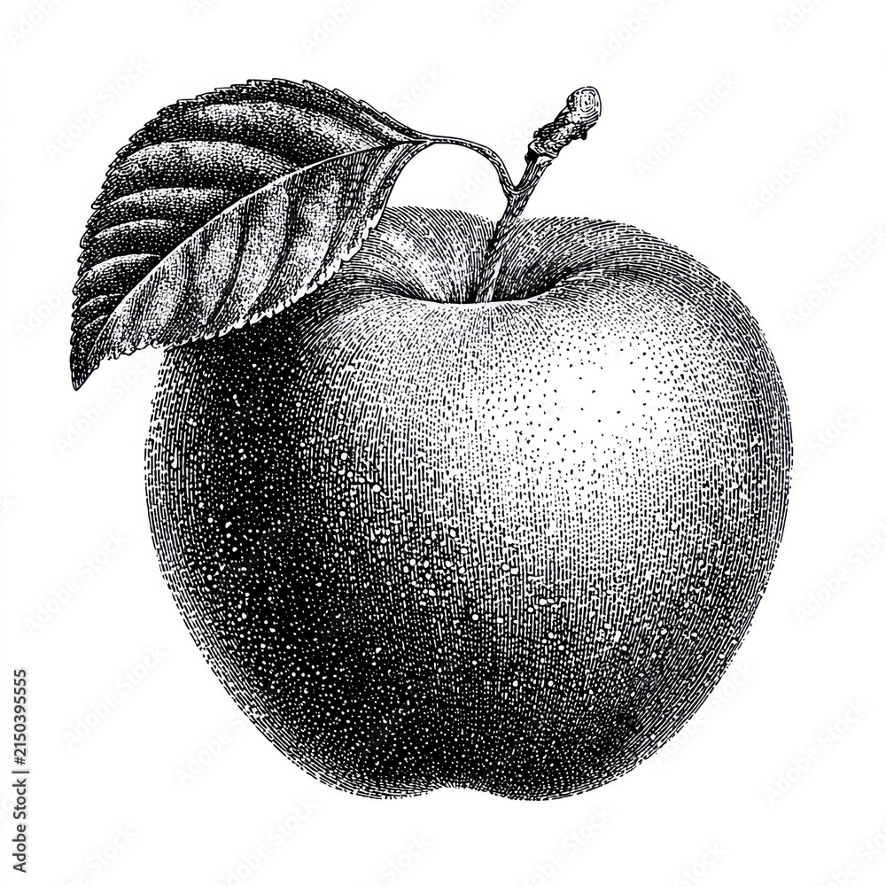 Fototapeta premium Vintage apple illustration with detailed shading.