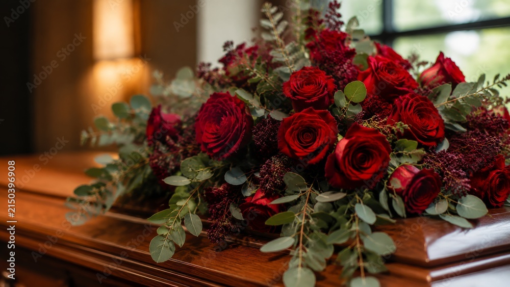 Obraz premium Casket spray red roses captured in soft natural light with authentic environmental detail authentic