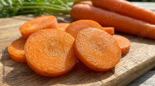 Fresh sliced orange carrots on a wooden cutting board in the kitchen. wortel