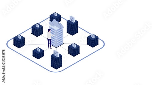Isometric 3D vector illustration of a man managing cloud server network databases. Concept of cloud computing, big data storage, datacenter infrastructure, and IT system architecture.