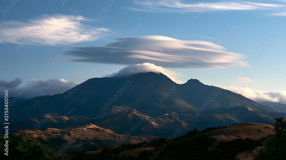 Obraz premium Lenticular clouds hover gracefully over a rugged mountain peak under a clear blue sky during golden hour