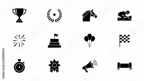 Modern black flat icons set with displays twelve minimalist black icons representing celebration competitive themes clean white background championship