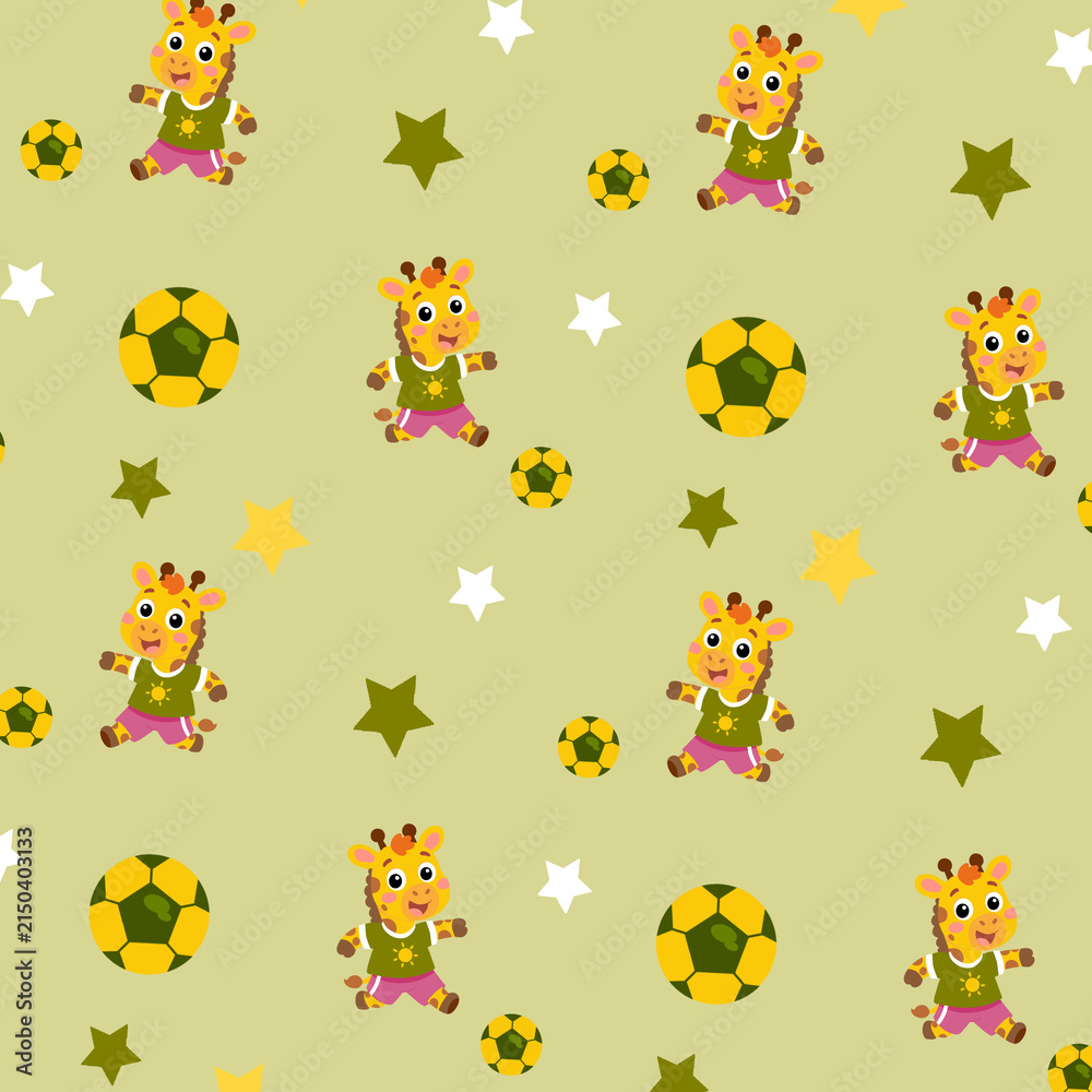 Fototapeta premium Cute Giraffe Playing Soccer Seamless Pattern for Kids, Sports Background