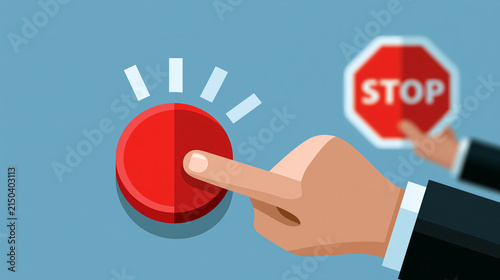 business hand pushing a red button icon and holding a stop sign symbol rendered as a bright vector illustration, decision and action concept, technology, icon, modern, minimal,