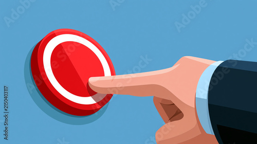 business hand pushing a red button icon and holding a stop sign symbol rendered as a bright vector illustration, decision and action concept, technology, icon, modern, minimal,