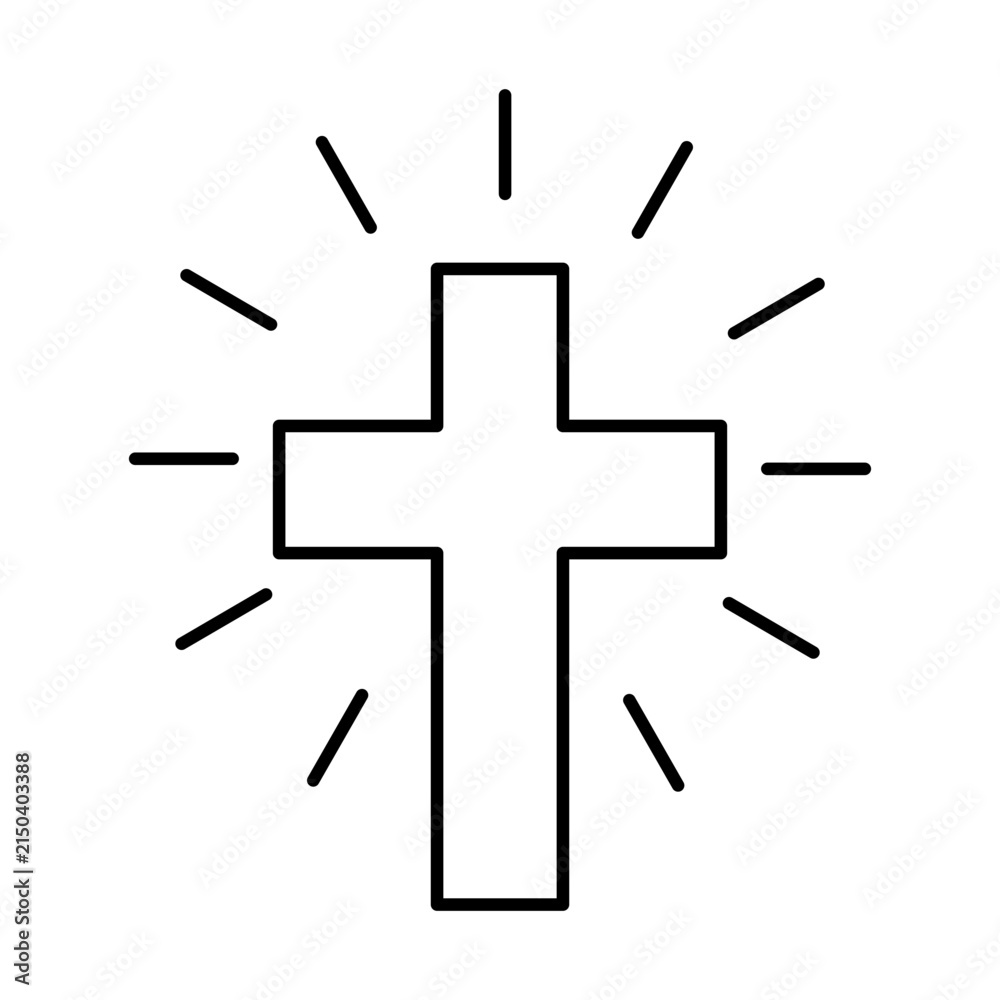 Obraz premium Minimalist Christian Cross Line Art Icon with Radiant Light Rays
