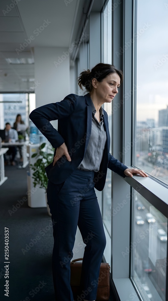 Fototapeta premium A businesswoman stands confidently by the office window, gazing out at the cityscape while her colleagues work in the background.